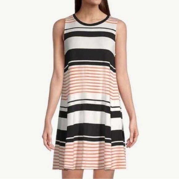 LOFT Outlet NWT white, tan, black striped dress, flowy & sleeveless, size M - Picture 4 of 8